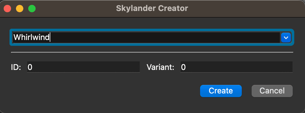 A window where you can create Skylander binary files to use within Dolphin