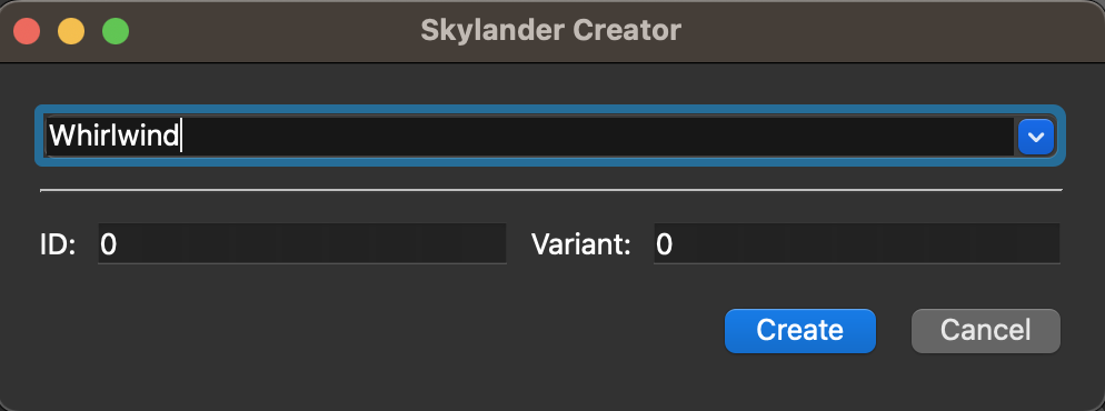 A window where you can create Skylander binary files to use within Dolphin